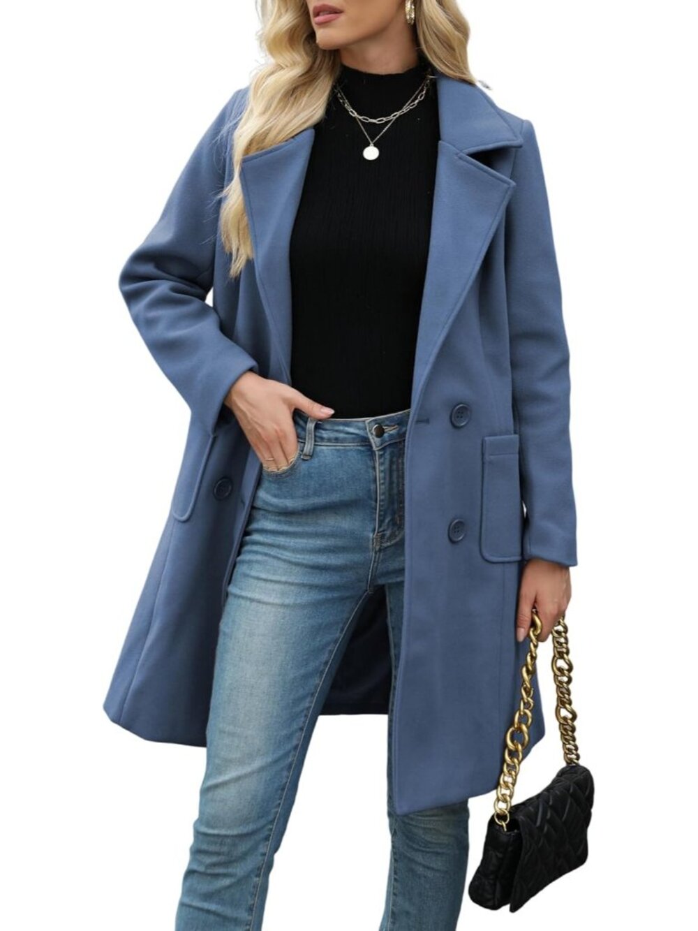 Women's Cream Winter Wool Blend Mid Long Coat Notch Double Breasted Jacket